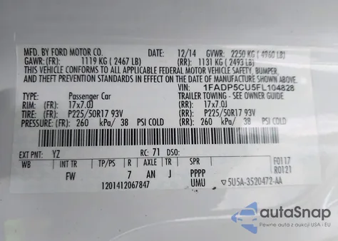 2015 Ford C-Max Energi Sel z USA, uszkodzony, nr VIN 1FADP5CU5FL104828